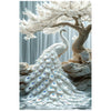 A white peacock with iridescent blue and green feathers stands beneath a blossoming tree, creating a fantasy art scene.
