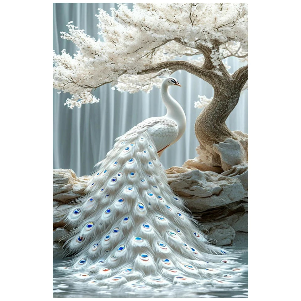 A white peacock with iridescent blue and green feathers stands beneath a blossoming tree, creating a fantasy art scene.