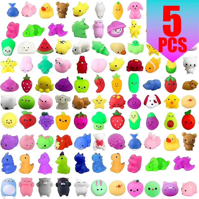 A collection of colorful squishy fidget toys and sensory stress relief toys in various shapes and colors.