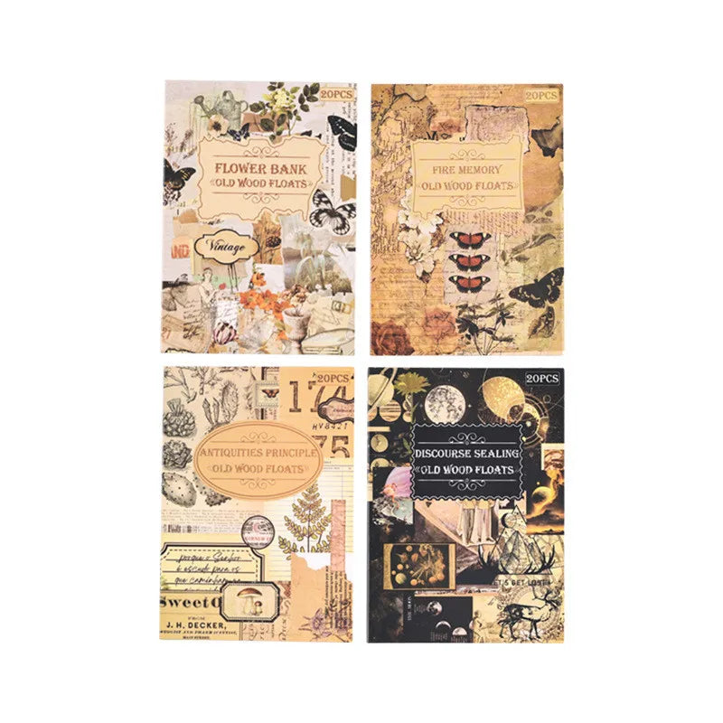 A set of four vintage PET sticker sheets featuring floral, fire memory, and discourse sealing designs for journaling and scra