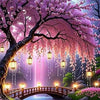 A beautiful landscape painting featuring a pink cherry blossom tree and a wooden bridge over water.