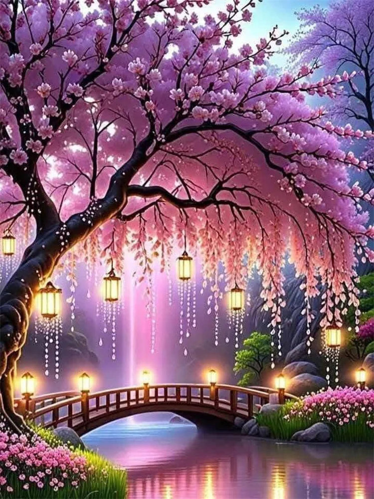 A beautiful landscape painting featuring a pink cherry blossom tree and a wooden bridge over water.