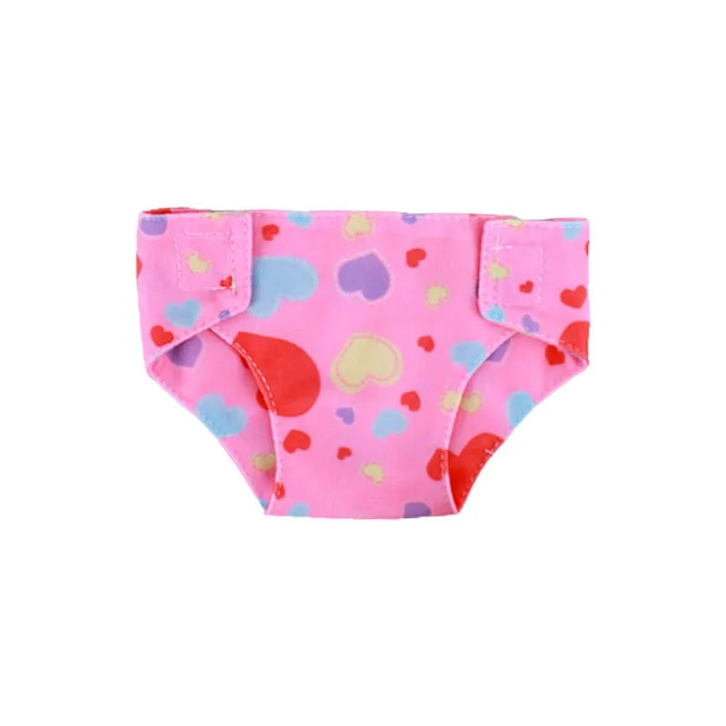 Pink soft doll underwear featuring a pattern of hearts and small colored dots