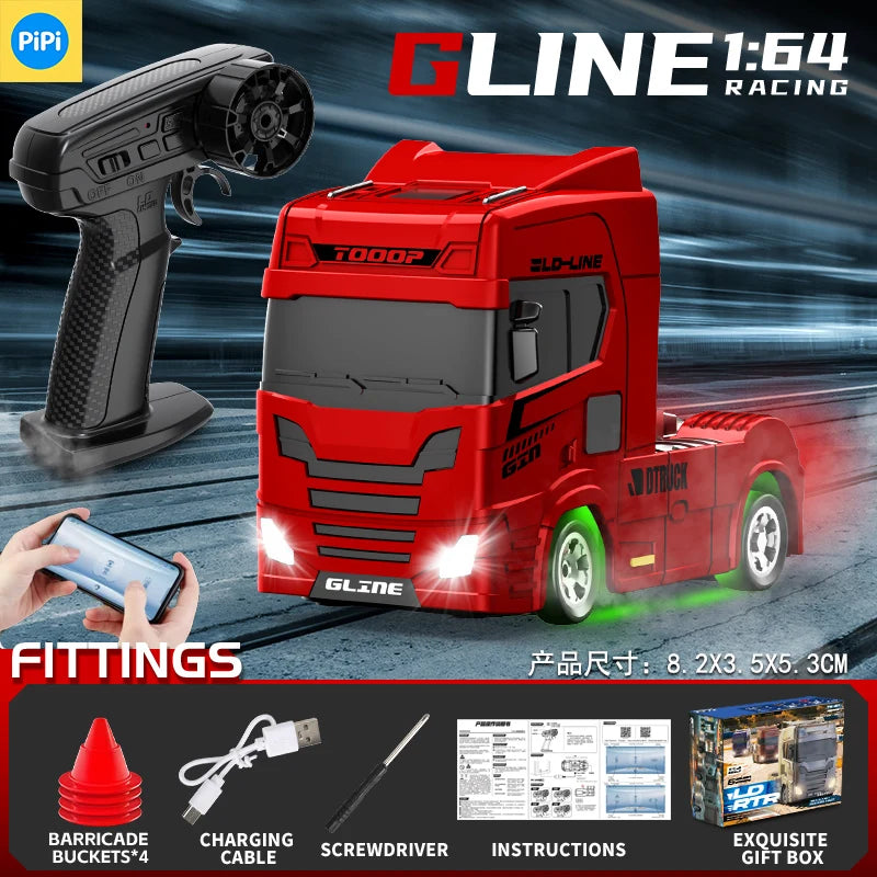 A red GLine 1:64 racing truck model with various fittings including a barricade bucket, charging cable, screwdriver, and inst