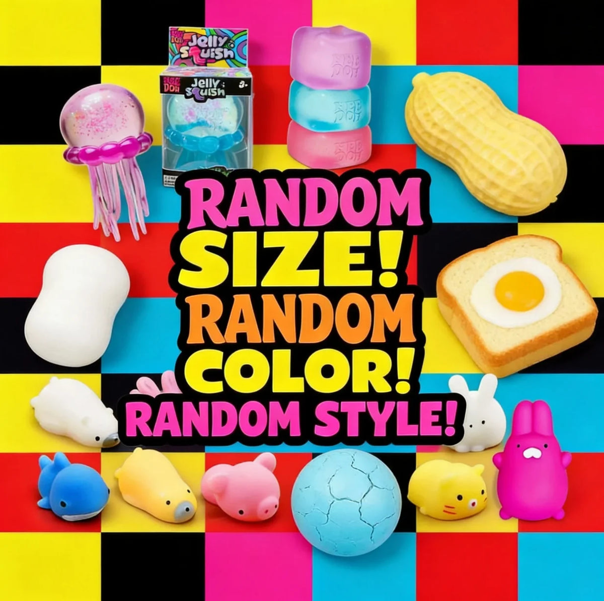A colorful assortment of Jellyfish Squish toys in various sizes, colors, and styles arranged on a grid background.