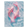 A close-up of two pink and white fish swimming in clear blue water, creating light patterns on the surface.