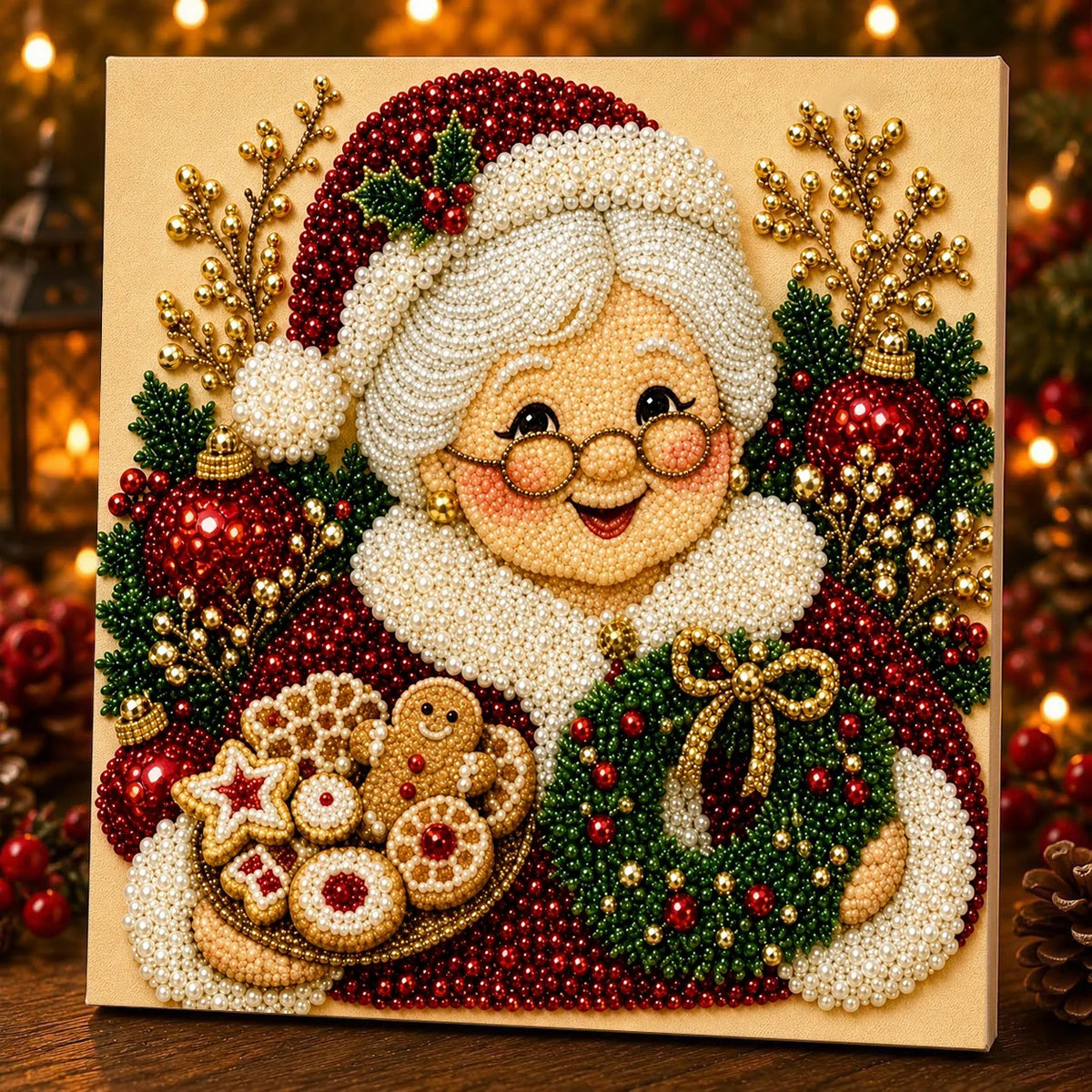 A detailed painting of a smiling elderly woman covered in white pearls and festive Christmas greenery.