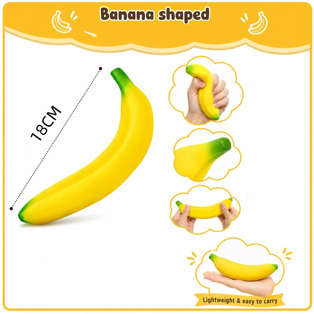 Banana shaped squishy toy in yellow and green, shown from the side and being held.
