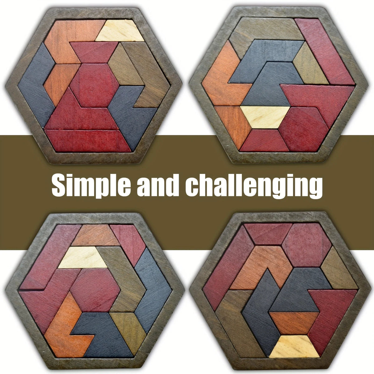 Four wooden hexagon puzzles showing simple and challenging geometric shapes.
