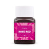A dark purple textile fabric dye kit labeled Rose Red in a glass bottle with a white cap.