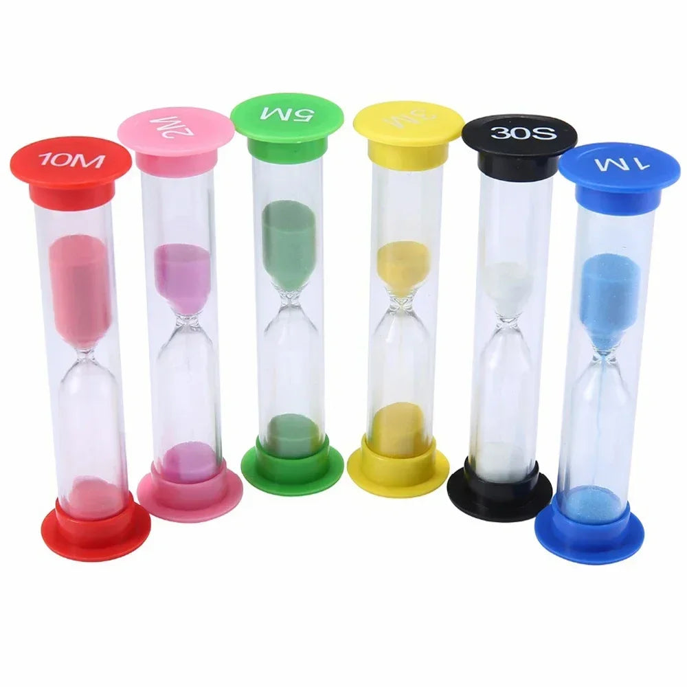A set of six colorful hourglass sand timers with durations of 10M, 2M, 5M, and 30S, featuring various colored tops.