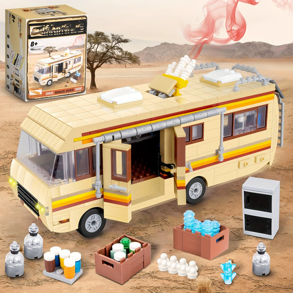 A yellow bus building set featuring a vehicle and various accessories on a desert terrain.