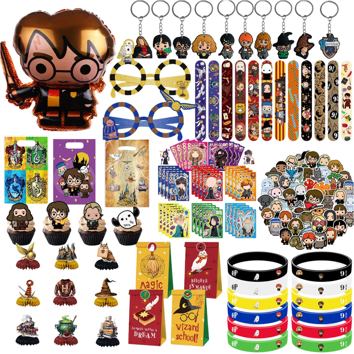 Cartoon Themed Kids Party Decoration Set with Face Stickers, Gift Bags & Slap Bracelets