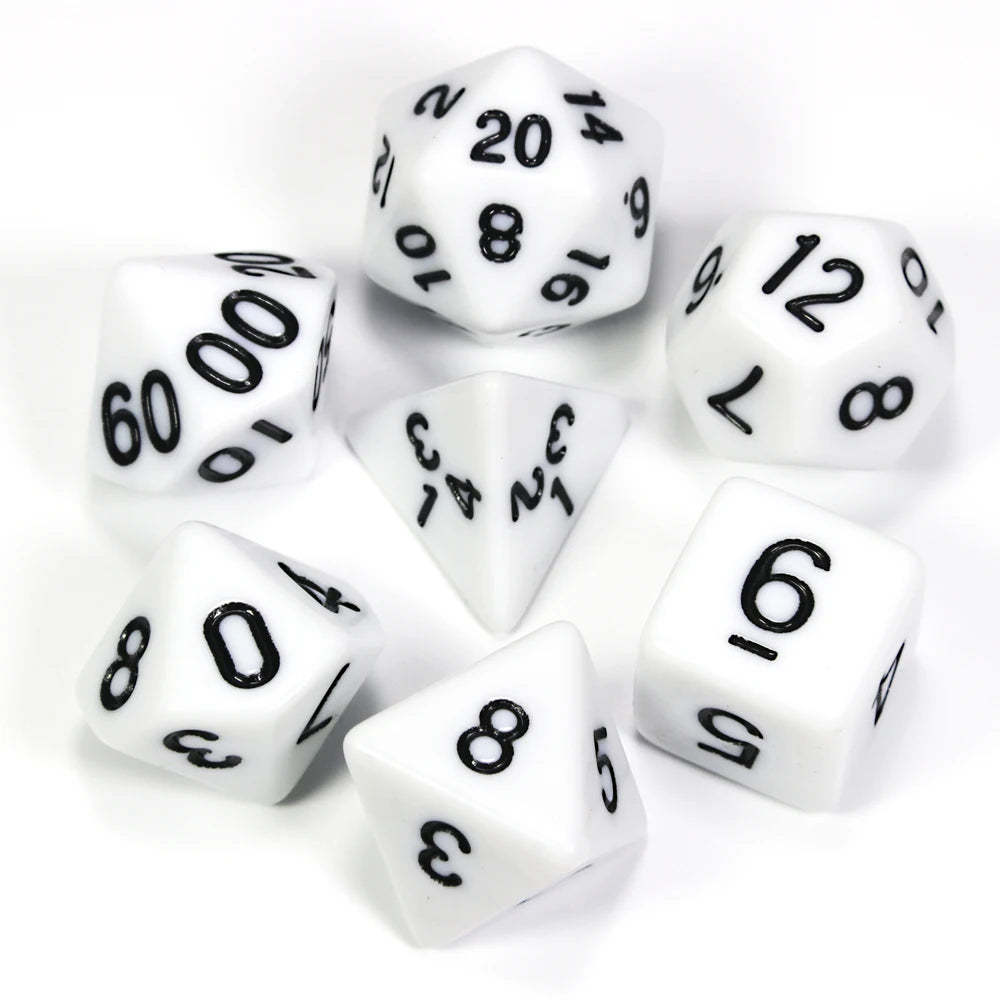 A collection of white acrylic dice, including d20s and d12s, scattered on a white surface.