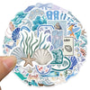 A circular sticker pack featuring various ocean life like starfish, shells, and sea creatures in pastel blues and greens.
