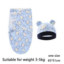 A light blue cotton newborn swaddle blanket and matching hat set featuring a pattern of white bear figures.