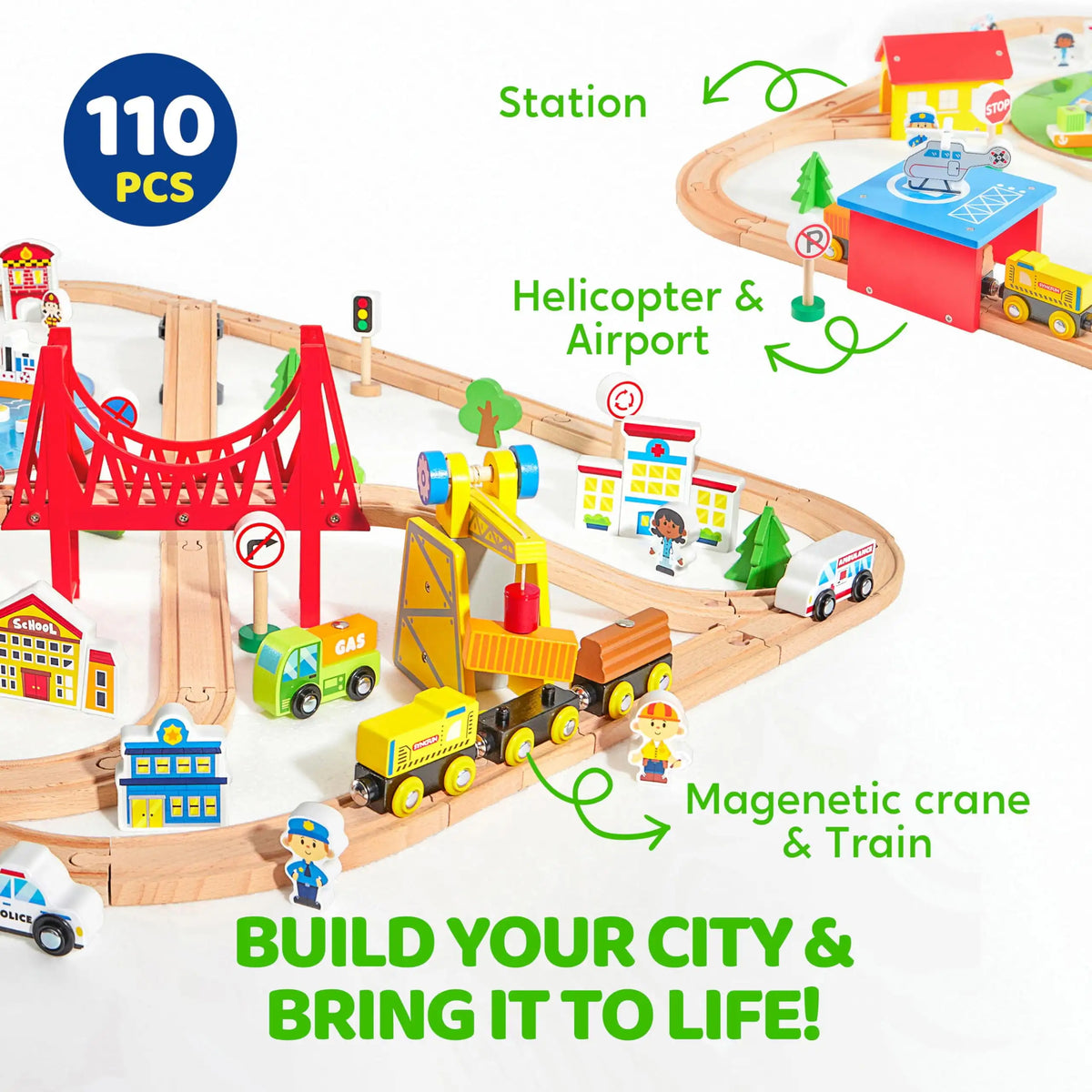 A wooden train set featuring various vehicles, including a helicopter and a magnetic crane, built into a city scene.