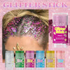 A collection of Sevich Glitter Sticks in various colors including purple silver and gold displayed next to a model's glittere