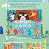 A colorful Montessori busy book for toddlers featuring number and letter activities on a wooden background.