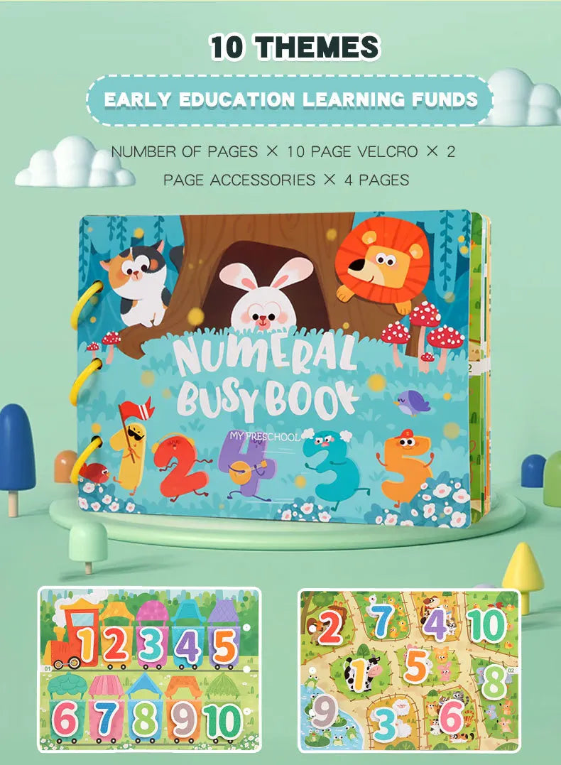 A colorful Montessori busy book for toddlers featuring number and letter activities on a wooden background.