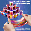 Hands stretch a colorful slime toy with multiple colored containers against a blue starry background.