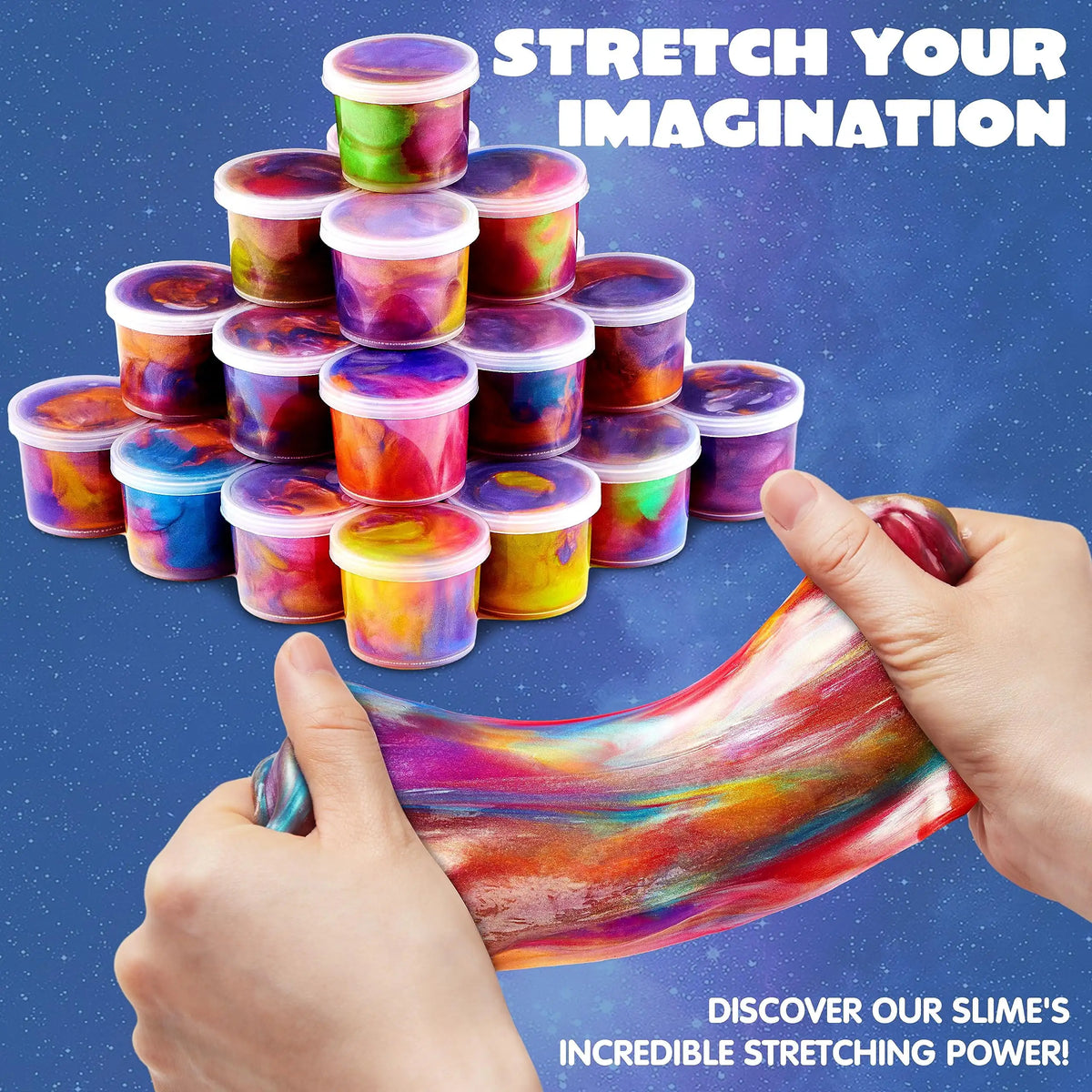 Hands stretch a colorful slime toy with multiple colored containers against a blue starry background.