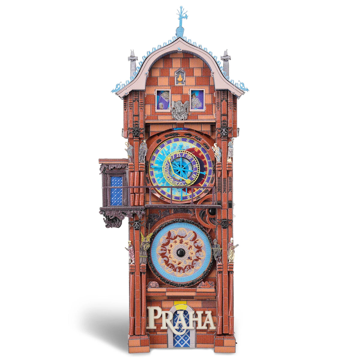 A detailed 3D metal puzzle kit model of a historic astronomical clock tower in reddish-brown brick.