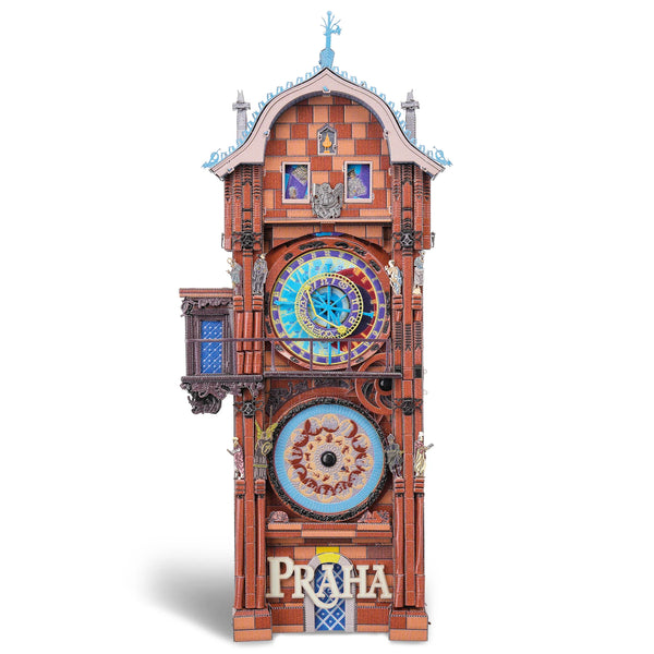 A detailed 3D metal puzzle kit model of a historic astronomical clock tower in reddish-brown brick.