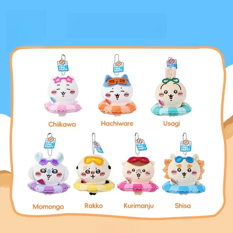A collection of various Chiikawa plush keychains featuring different characters like Hachiware, Usagi, Momonga, Rakko, Kurima