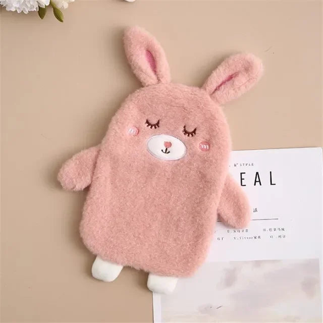 A pink plush-covered hot water bottle shaped like a bunny with long ears