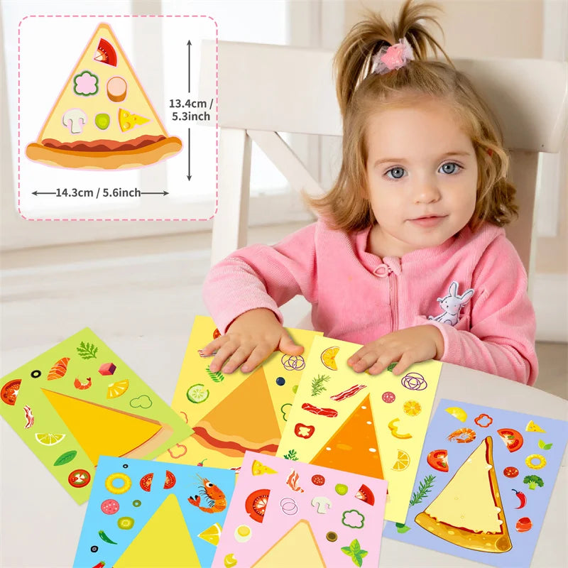 A young girl is holding a DIY pizza sticker craft kit featuring various food shapes and colors.