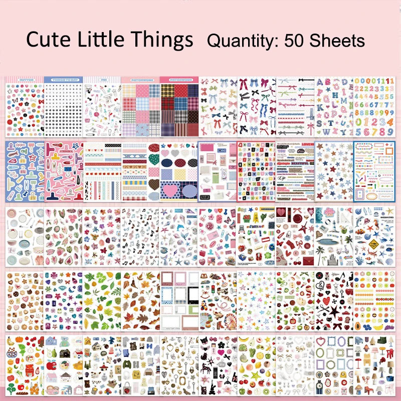 A collection of 50 sheets of cute little things stickers for DIY crafting and retro aesthetic projects