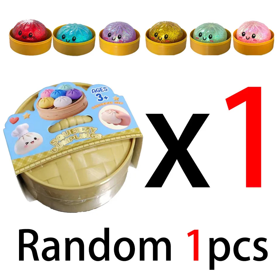 A set of colorful dumpling squishy stress balls in a yellow basket with a steamer basket.