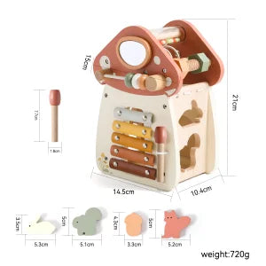 A wooden rocket stacking toy with various shapes for sorting and stacking