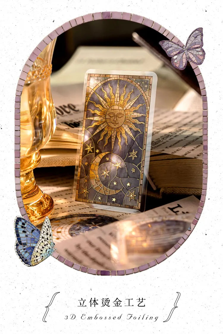 A set of 3D embossed foilings featuring a sun, moon, and stars on a card for journaling and scrapbooking
