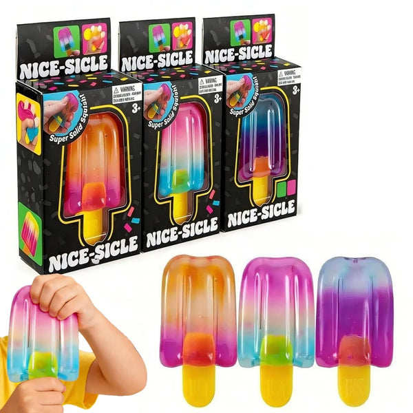 Un set de cubos sensoriales antiestrés de silicona de helado de colores en tonos rosa, morado, verde y amarillo.