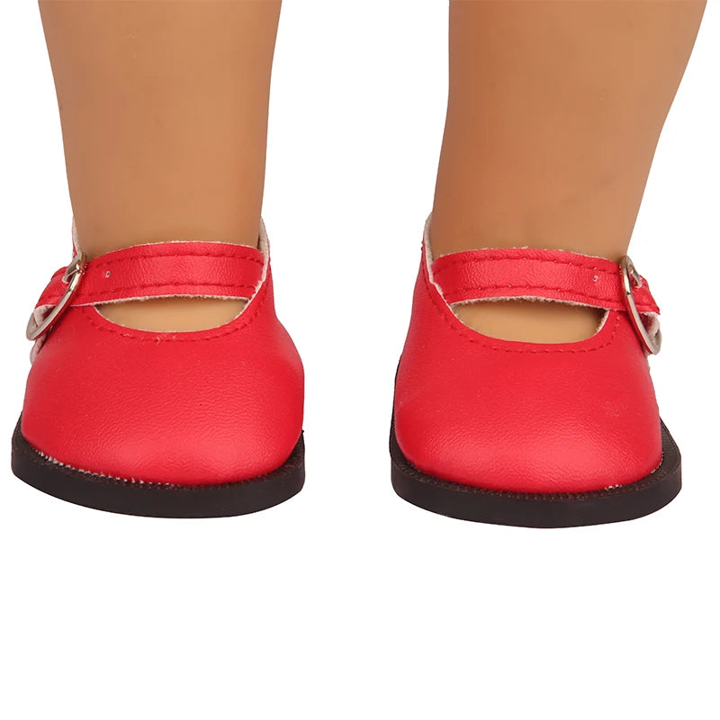 Red patent leather shoes with silver buckles for 18-inch dolls