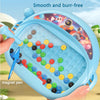 A blue magnetic drawing board for kids filled with colorful balls and a magnetic pen is shown.