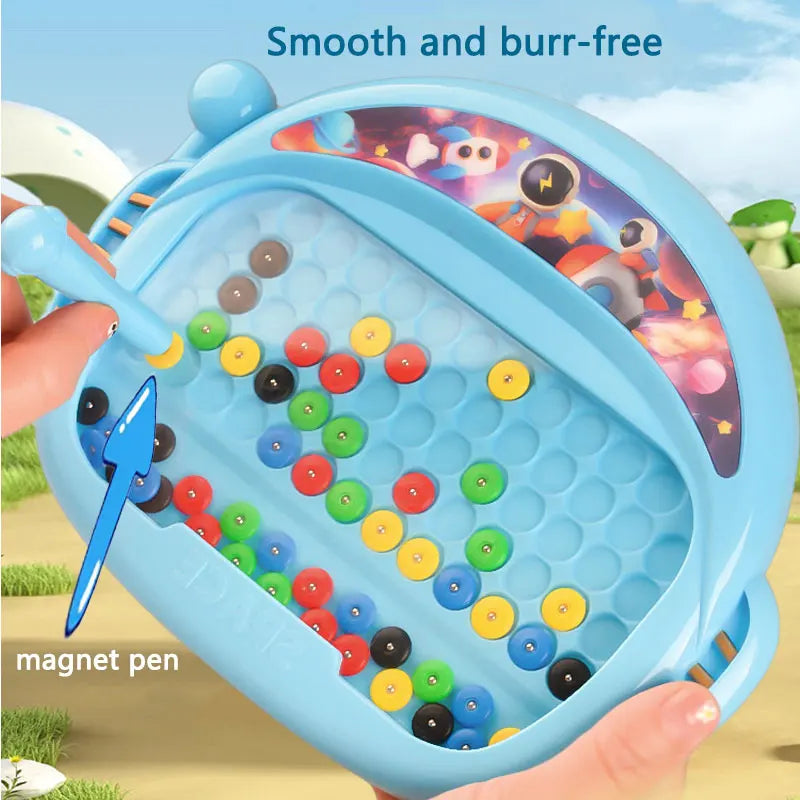A blue magnetic drawing board for kids filled with colorful balls and a magnetic pen is shown.