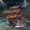 A detailed model of the ship Queen Anne's Revenge sailing through stormy seas with lightning in the sky.