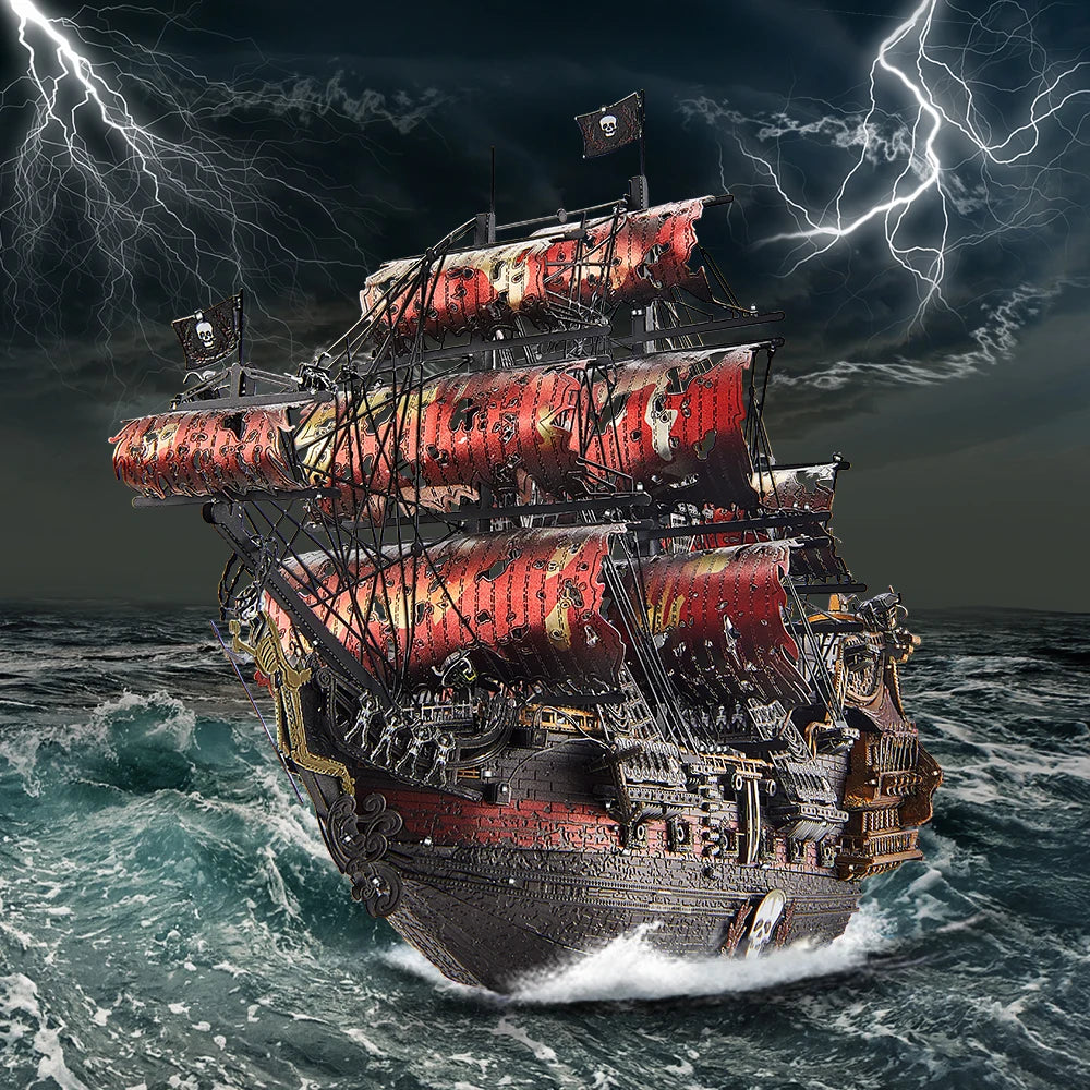 A detailed model of the ship Queen Anne's Revenge sailing through stormy seas with lightning in the sky.