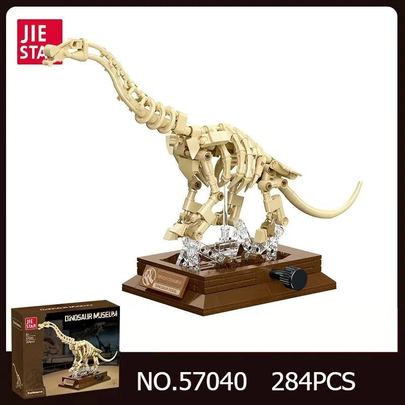 A detailed model of a Tyrannosaurus Rex fossil built from light beige plastic blocks, displayed on a wooden base.