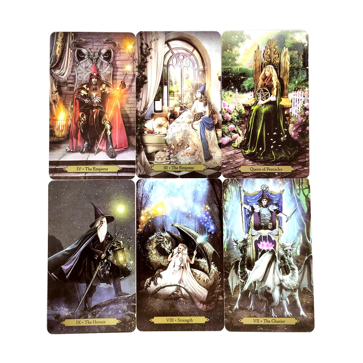 A set of nine Wizards Tarot cards featuring various figures and symbols for divination and personal growth.