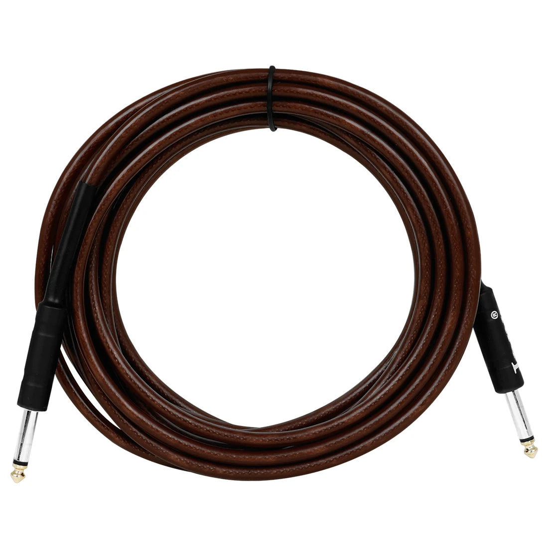 A coil of brown instrument cable with black connectors and noise reduction shielding.
