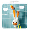 A rabbit-shaped electric bath shower toy sprays water for simultaneous washing of baby's belly or body.