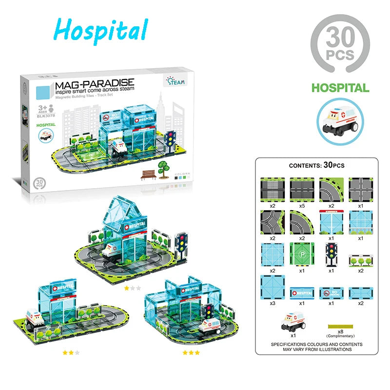 A box and assembled magnetic building tiles set featuring a blue electric car and various track elements for a hospital theme