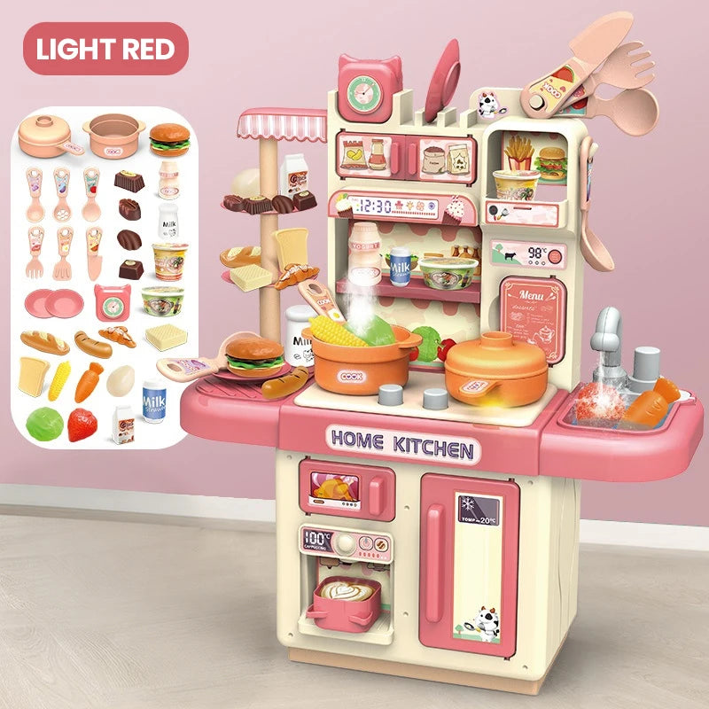 A light red interactive kids pretend play kitchen set with various cooking tools and food items.