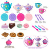 A set of colorful kids tea party playset featuring a teapot, cups, and cookies for children.