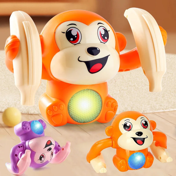 An orange electric rolling monkey toy with large ears, a smiling face, and a glowing light feature.