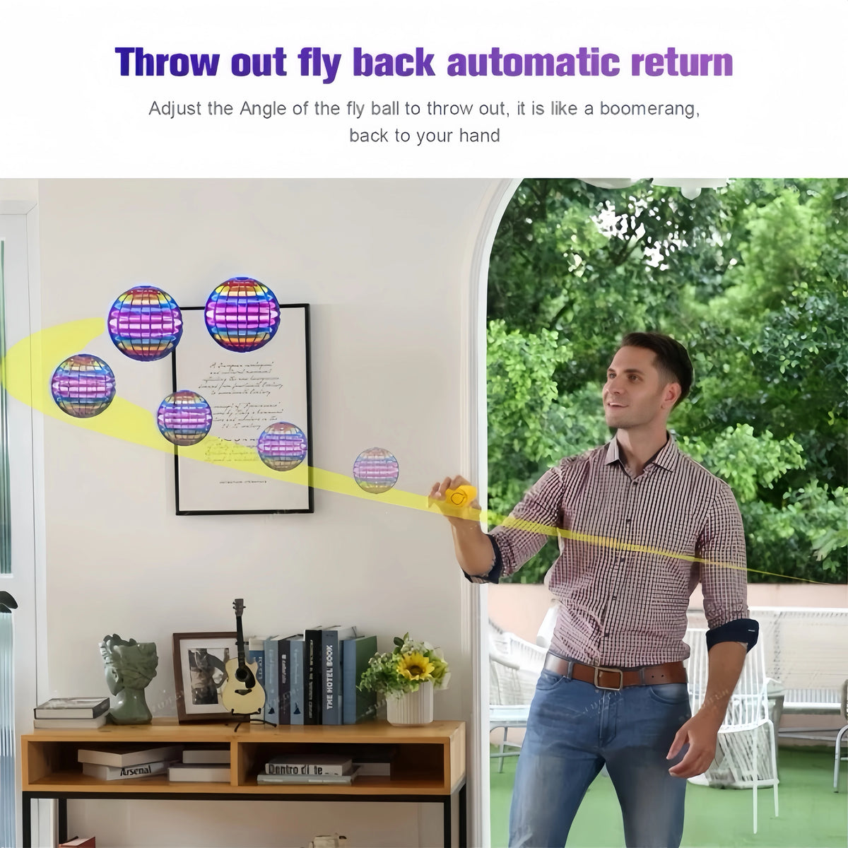 A man demonstrates a magic flying spinner boomerang fidget toy with LED lights, showing its automatic return feature.